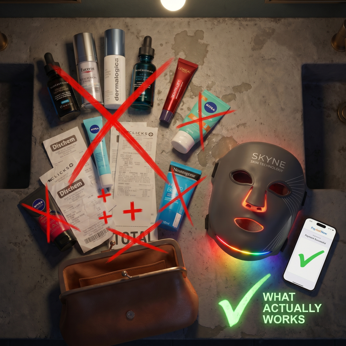 A flat-lay contrasting a stack of product bottles with a single mask on clean paper