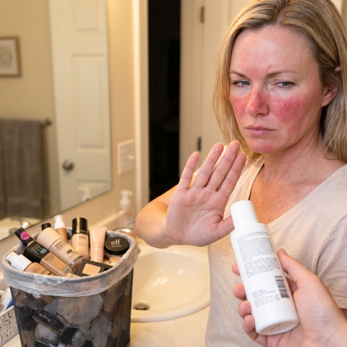 A woman gently pushing away a skincare product, looking wary