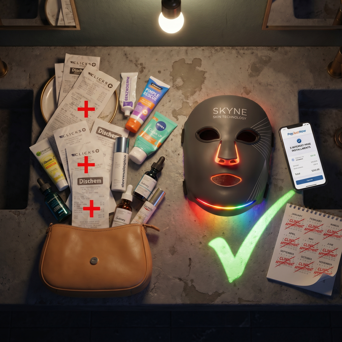 Charcoal LED mask in a flat-lay beside a calendar and a cup of coffee