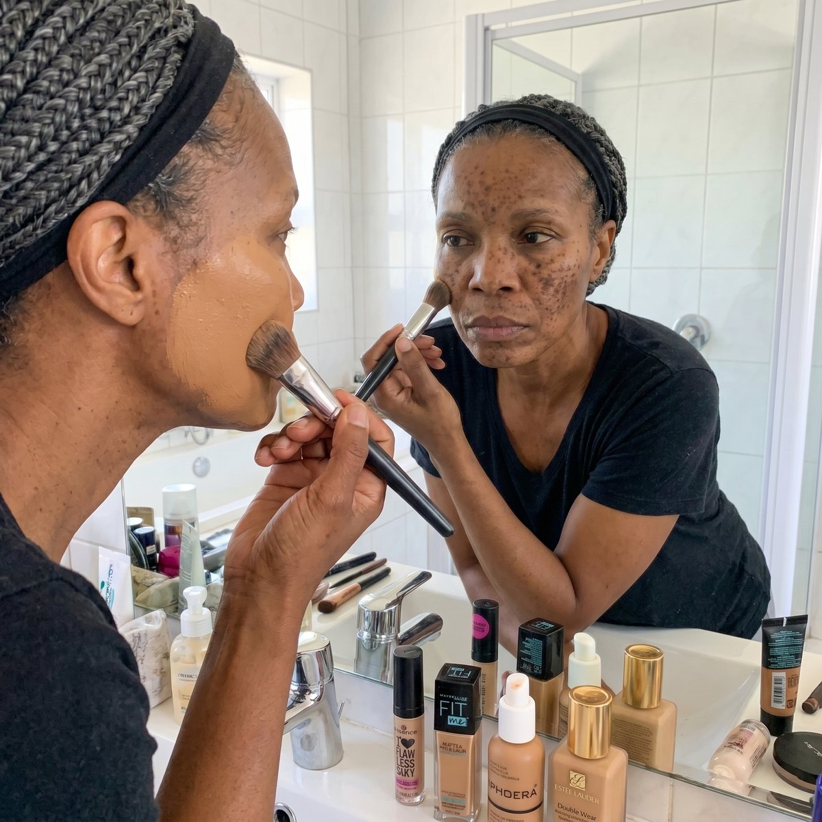 A woman applying foundation in front of a mirror in soft morning light