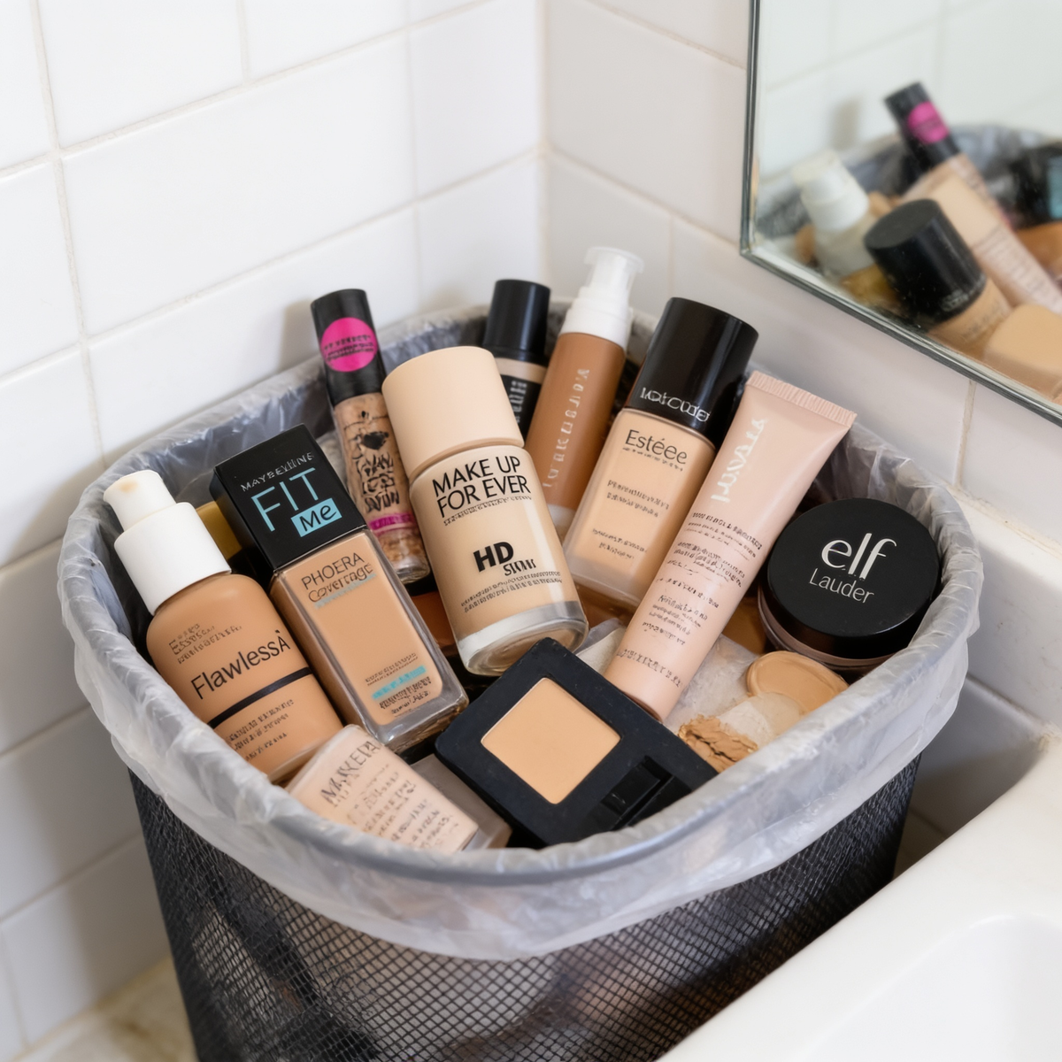 A hand holding a foundation bottle above a crowded bathroom counter