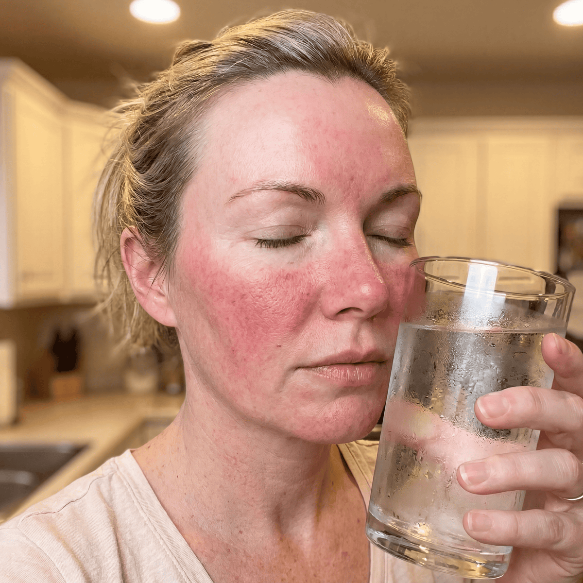 A cold glass pressed gently against a flushed cheek